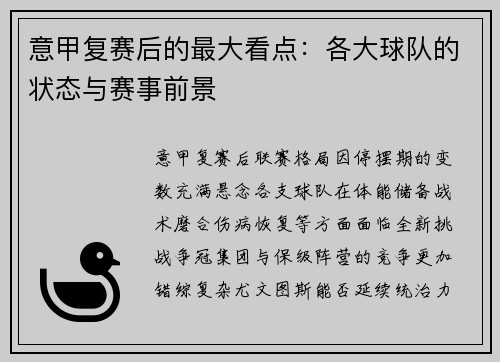 意甲复赛后的最大看点：各大球队的状态与赛事前景